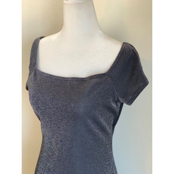 Vintage Y2K Metallic Square Neck Dress Short Sleeve Size Small Gray Grunge 90s - Picture 2 of 10